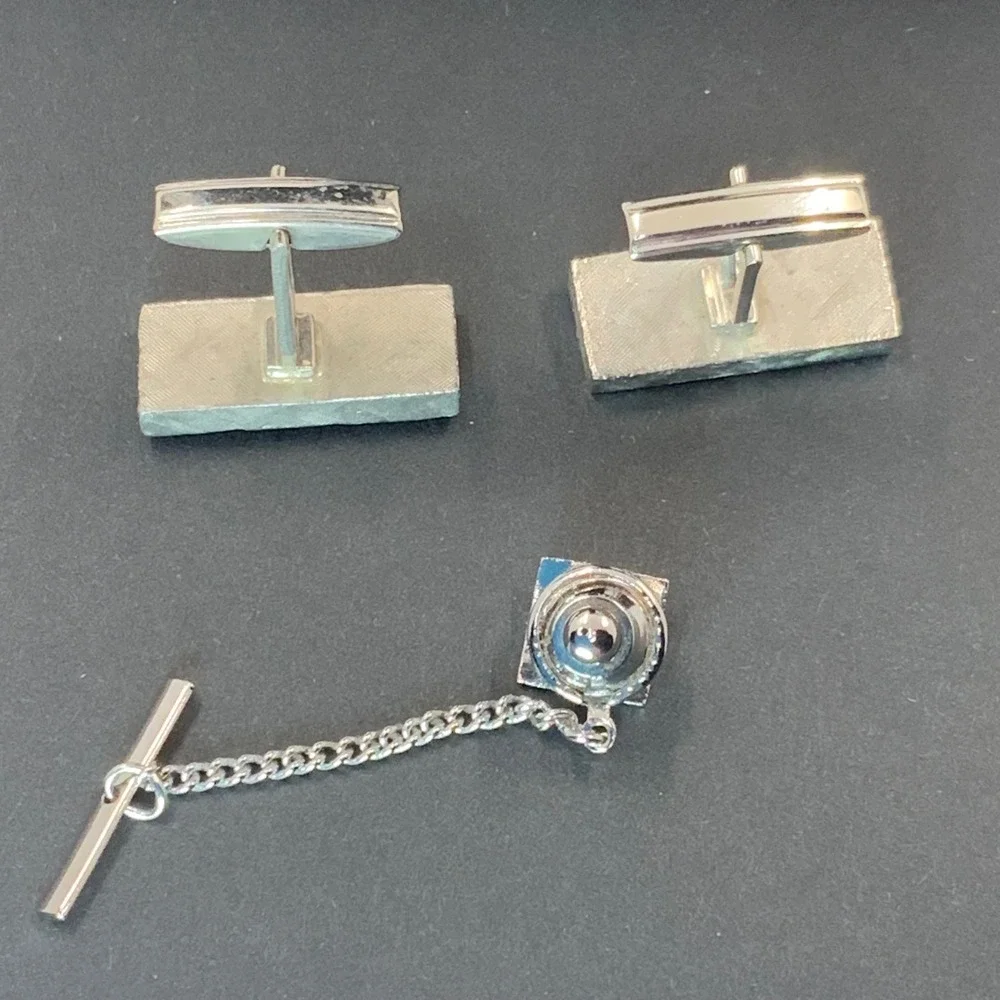 Vintage Silver Tone Textured Bark Pattern Cufflinks and Tie Tack Set Mens Formal